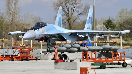 File photo: Bombs stacked in front of a Russian Aerospace Force's Sukhoi Su-35 fighter jet, location unknown.