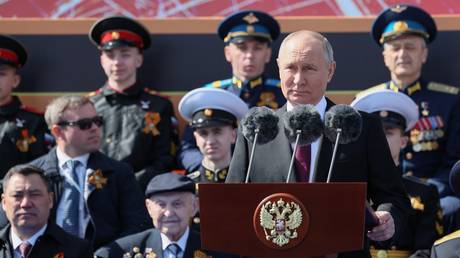 Russian President Vladimir Putin delivers a speech at the Victory Day military parade, which marks the 78th anniversary of the victory over Nazi Germany in World War II, in Moscow.