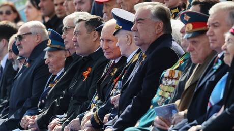 Presidents of Belarus, Kazakhstan, Kyrgyzstan, Russia, Tajikistan and Uzbekistan join WWII veterans to watch the Victory Day parade in Moscow, May 9, 2023.