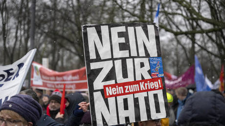 FILE PHOTO: A placard reading: " No to NATO, No to War" is seen at a rally in Berlin, Germany, on February 25, 2023.