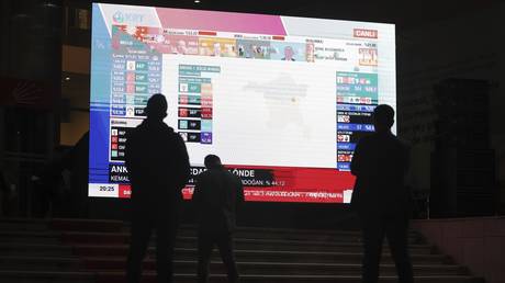 Journalists watch the election results at the headquarters of Republican People's Party, CHP, in Ankara, Turkey, May 14, 2023