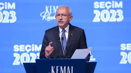 Kemal Kilicdaroglu, the 74-year-old leader of the center-left, pro-secular Republican People's Party (CHP) speaks at the party's headquarters in Ankara, Turkey, May 14, 2023