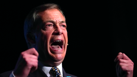 Leader of the Brexit Party Nigel Farage addresses supporters during a rally at The Broadway Theatre on June 01, 2019 in Peterborough, England