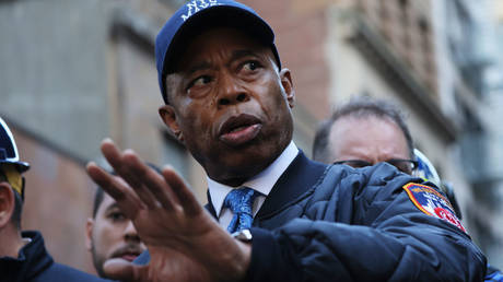 New York City Mayor Eric Adams speaks at a press conference last month regarding a parking garage collapse in Manhattan.