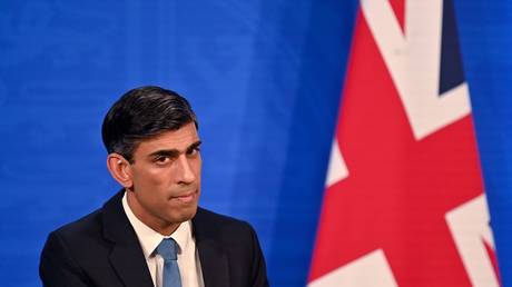 Rishi Sunak hosts a press conference in the Downing Street Briefing Room on February 3, 2022 in London, England