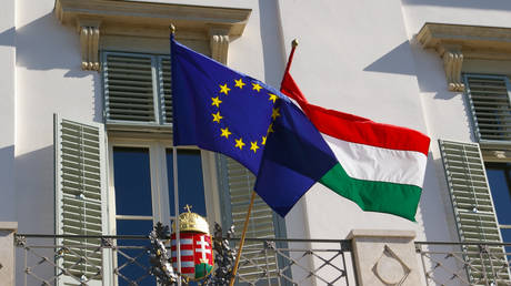 FILE PHOTO. Hungarian and EU flags in Budapest