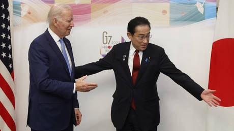 US President Joe Biden greeted by Japan's PM Fumio Kishida before their bilateral meeting in Hiroshima, ahead of the G7 Leaders' Summit.