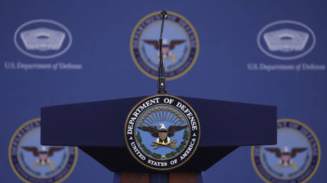 A view of the rostrum at Pentagon afterU.S. Defense Department spokesperson Air Force Brigadier General Patrick Ryder holds a press conference in Washington DC, United States on April 13, 2023.