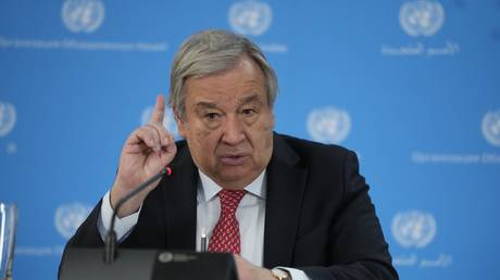Antonio Guterres addresses reporters during a visit to the UN office in Nairobi, Kenya, May 3, 2023