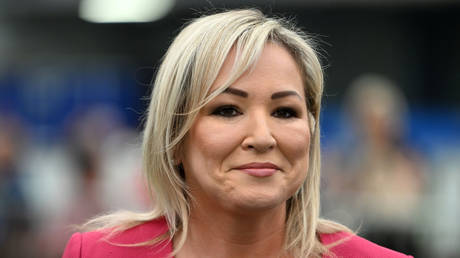 Sinn Fein northern leader Michelle O'Neill arrives at the Magherafelt count centre as the count continues in the Northern Ireland council elections on May 19, 2023