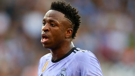 Vinicius Junior of Real Madrid CF reacts during the LaLiga Santander match between Valencia CF and Real Madrid CF at Mestalla stadium, May 21, 2023, Valencia, Spain