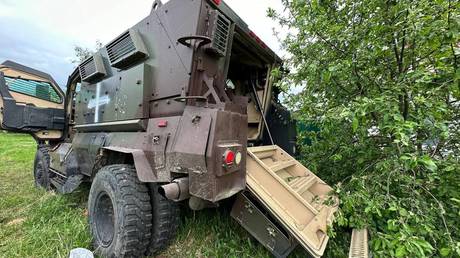 Abandoned US-made armored vehicle used by Ukrainian militants in Russia's Belgorod Region, May 23, 2023.
