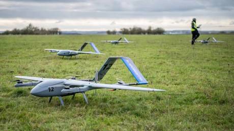 FILE PHOTO: British Blue Bear Ghost drones are seen in a field during a demonstration.