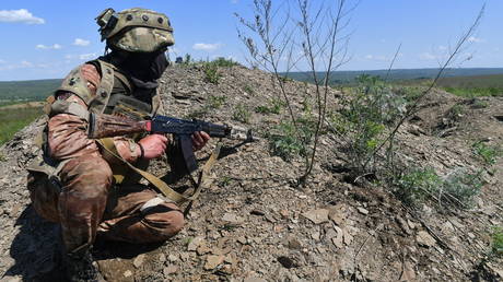 A Russian service member during a military exercise.