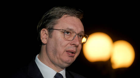 Serbian President Aleksandar Vucic addresses the media after holding meetings as part of Kosovo-Serbia talks, in Ohrid on March 18, 2023.
