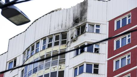 An apartment building damaged in a Ukrainian drone attack on Moscow, Russia, May 9, 2023