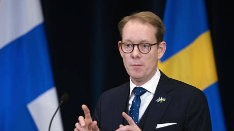 Swedish Foreign Minister Tobias Billstrom speaks at a news conference in Washington DC, December 8, 2022