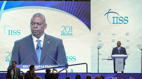 US Defense Secretary Lloyd Austin speaks at the annual Shangri-La Dialogue security forum in Singapore, June 3, 2023.