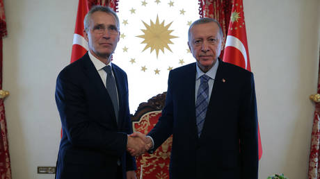 Turkish President Recep Tayyip Erdogan (R) receives North Atlantic Treaty Organization (NATO) Secretary General Jens Stoltenberg (L) at Dolmabahce Office in Istanbul, Turkiye on June 04, 2023.
