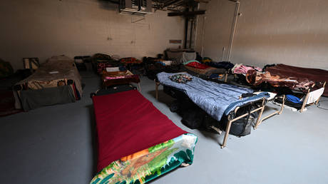 Cots for migrants at a Muslim community center in the New York City borough of Brooklyn