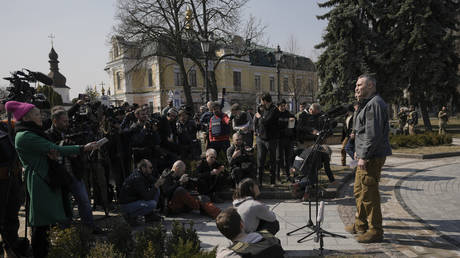 Kiev Mayor Vitaly Klitschko speaks to reporters in Kiev, Ukraine, March 23, 2022