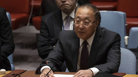 Permanent Representative of China to the United Nations Zhang Jun speaks during a Security Council meeting on June 6, 2023