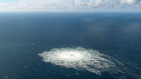 A gas leak as seen from a Danish F-16 fighter jet following the explosions at the Nord Stream 2 gas pipeline off the island of Bornholm, Denmark on September 27, 2022