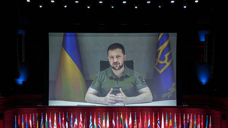 Ukrainian President Vladimir Zelensky is seen on a big screen at the Council of Europe summit