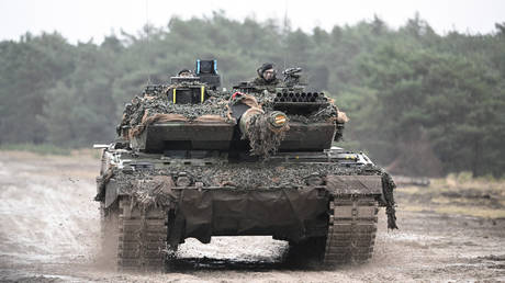 A Leopard 2 tank is seen at the training ground in Augustdorf, western Germany on February 1, 2023.