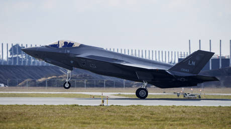 A US F-35 fighter jet is pictured during an event at the Danish Airbase Fighter Wing Skrydstrup in Jutland, Denmark, on March 10, 2023.