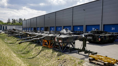 Turrets for Leopard 2 tanks in Unterluess, Germany, June 5, 2023.