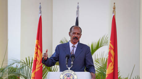 Eritrea's President Isaias Afwerki speaks to the media during a bilateral visit to State House in Nairobi, Kenya Thursday, Feb. 9, 2023.