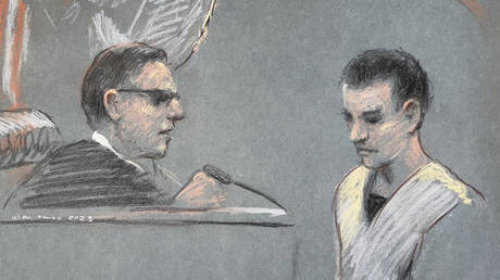 FILE: An artist depiction shows Massachusetts Air National Guardsman Jack Teixeira as he appears in court in Boston, Massachusetts, April 14, 2023.