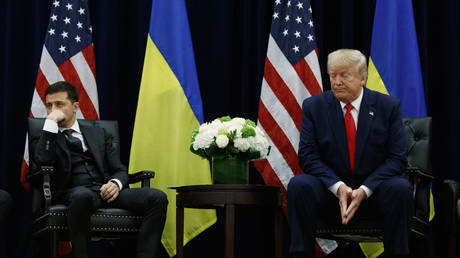 FILE PHOTO: Then-US President Donald Trump meets with Ukrainian President Vladimir Zelensky in New York City, September 25, 2019.