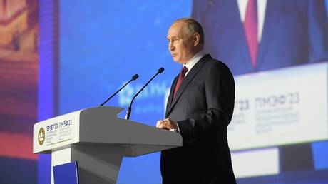 President of Russia Vladimir Putin speaks at the plenary session of the St Petersburg International Economic Forum.