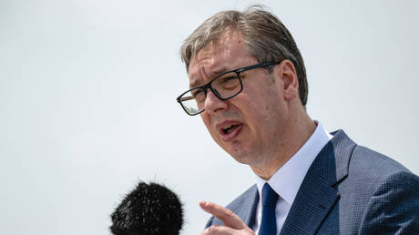 Serbian President Aleksandar Vucic speaks to the media on June 7, 2023, Belgrade, Serbia