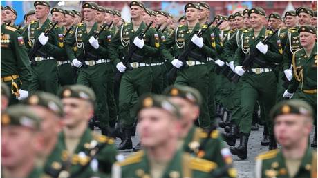 Russian soldiers march along Red Square during the Victory Parade in Moscow, May 9, 2021.