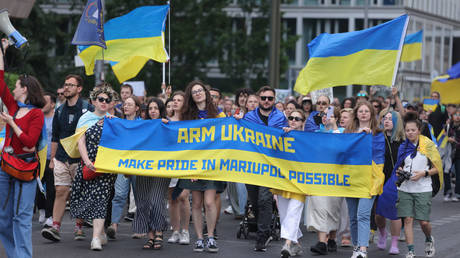 Pro-Ukrainian demonstrators demand more weapons for Kiev in Berlin, Germany,  June 13, 2023.