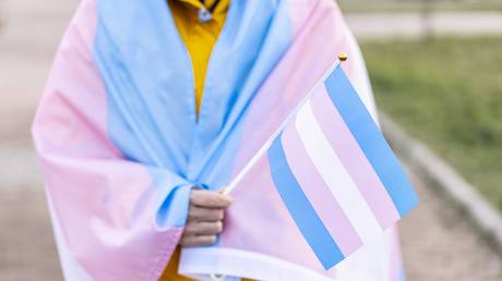 FILE PHOTO: A woman covered with a transgender flag