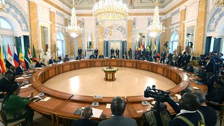 FILE PHOTO: Russian President Vladimir Putin meets African leaders in St. Petersburg.