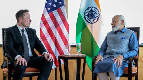 Indian Prime Minister Narendra Modi (R) meets with Elon Musk (L) in New York, United States on June 20, 2023.