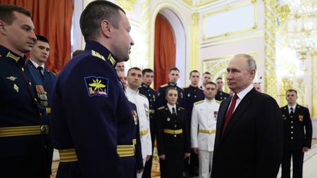 Russian President Vladimir Putin meets militayr academia graduates in Moscow, Russia, on June 21, 2023.
