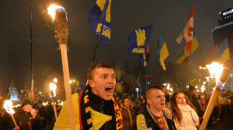 FILE PHOTO. Ukrainian nationalists mark the 105th birthday of Stepan Bandera with a torchlight march in Kiev, January 1, 2014.