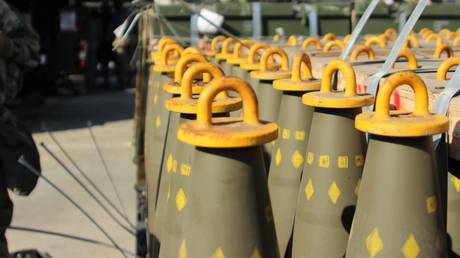 FILE PHOTO: Dozens of 155mm DPICM cluster munitions are seen at a US military base in South Korea, September 20, 2016.