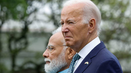 US President Joe Biden appears at a White House welcoming ceremony for Indian Prime Minister Narendra Modi on Thursday.