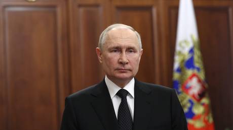 Russian President Putin delivers a televised address to the nation after Evgeny Prigozhin, the owner of the Wagner Group military company, called for armed rebellion and reached the southern city of Rostov-on-Don with his troops, in Moscow, Russia.