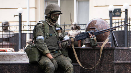 A member of Wagner group stands guard in Rostov-on-Don, on June 24, 2023.