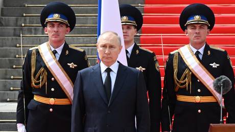 Russian President Vladimir Putin giving a speech to units of the Defense Ministry, Russian Guard, Interior Ministry, FSB and FSO.