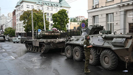 Servicemen and military equipment of Russia's private military company Wagner Group are seen on a street in Rostov-on-Don, Russia, on June 24, 2023.