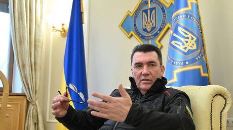 Secretary of the National security and defence council of Ukraine Alexey Danilov speaks to journalists during an interview in his office, in Kiev on December 24, 2021.
